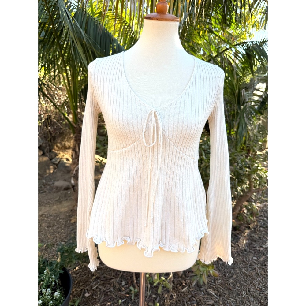 Ivory Y2K Coquette Babydoll Ribbed Knit Top Long Bell Sleeve Ruffle Hem Size 6